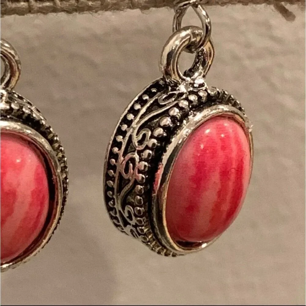 Balinese Style Coral Red Stone Drop Earrings Dark Silver Tone